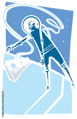 Woodcut mid century retro style astronaut in orbit with space capsule