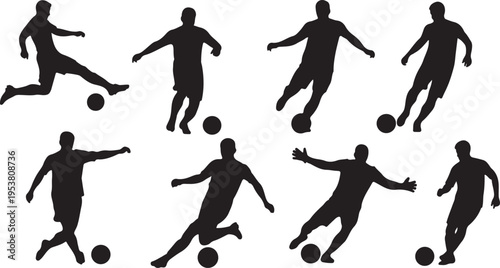 Energetic silhouettes of football players engaged in various active poses, dribbling and shooting on a clean white background, symbolizing athletic prowess.
