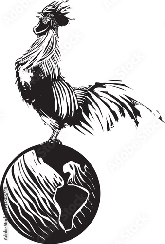 Woodcut style image of a Rooster Crowing on the globe of the earth