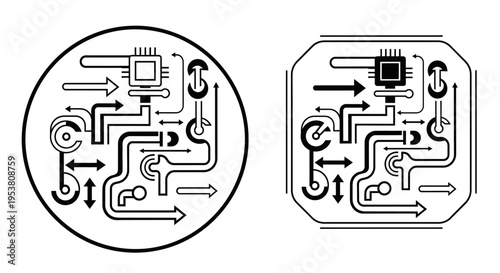 Circuit board design with arrows and symbols.