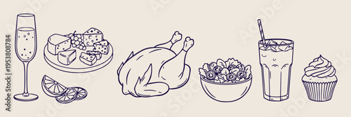 Roast chicken and dinner food set, hand drawn kitchen cooking icons, holiday meal sketches for design, minimalist food elements for branding, roasted turkey line art graphics, traditional dinner illus