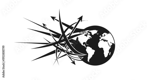 Globe with arrows around the world.