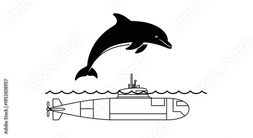Dolphin jumping over submarine watercraft vehicle.