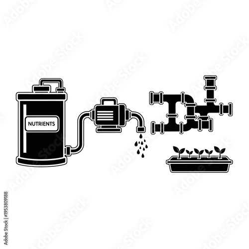 Hydroponic System: Nutrient Tank, Pump, Pipes, and Seedlings Growing