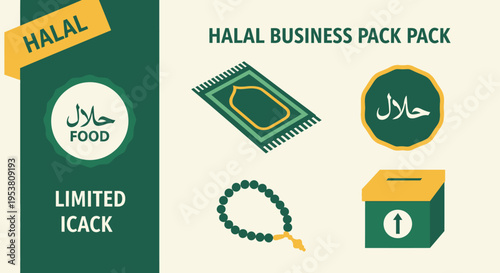 Halal food business pack icons set.