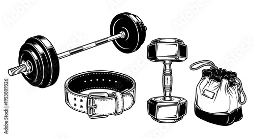 Fitness Equipment Set: Dumbbell, Barbell, Weightlifting Belt, and Gym Bag - Black and White Illustration