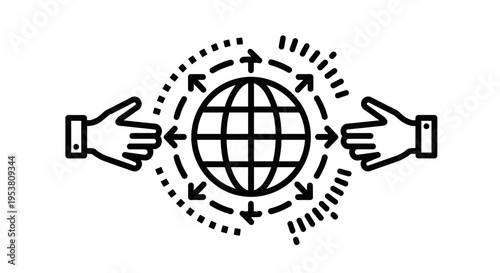 Hands interacting with global connections symbol.