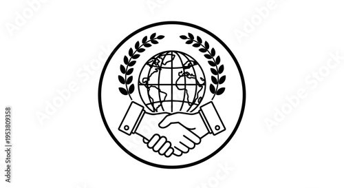 Handshake around the world globe logo.