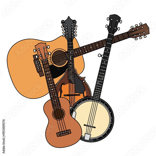 Folk Music Instruments Collage: Guitar, Banjo, Ukulele, Mandolin