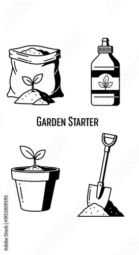 Garden Starter Kit: Seedling, Soil Bag, Fertilizer Bottle, and Shovel Icons