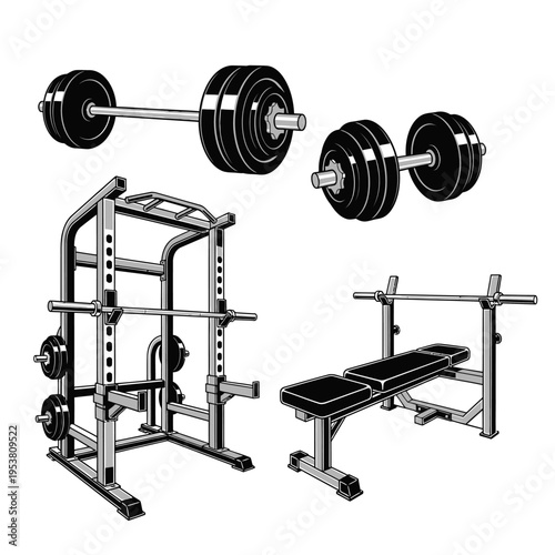 Gym Equipment Set: Weight Bench, Squat Rack, Barbells and Dumbbells