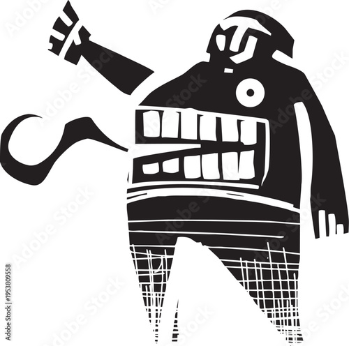 Woodcut style image of a man with mouth in belly