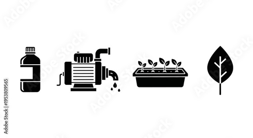 Hydroponic Farming Icons: Fertilizer, Pump, Seedlings, Leaf