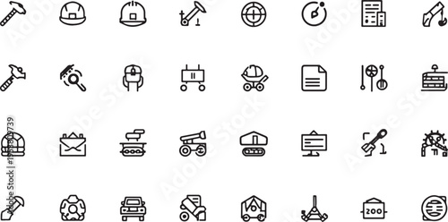 Black and white line icon set of construction mining industry including tools helmets machinery vehicles documents control panels and excavation design