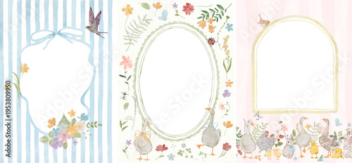 Easter whimsical frames set with stripes, watercolor goose, flowers, leaves in a cottagecore style perfect for invitations , thank you cards, stickers, scrapbooking, easter designs.