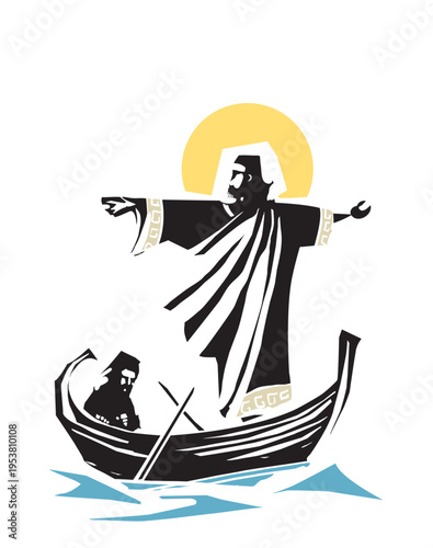 Woodcut Style Christ on the sea of galilee