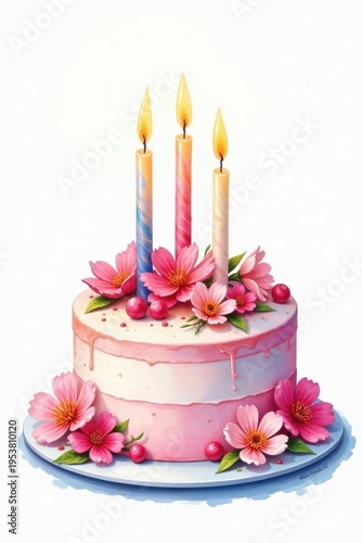 Hand-painted watercolor cake, candles, blooms Isolated, white backdrop , cute, delicious, illustration
