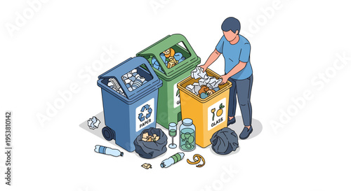 Man sorting recyclables into colored bins.
