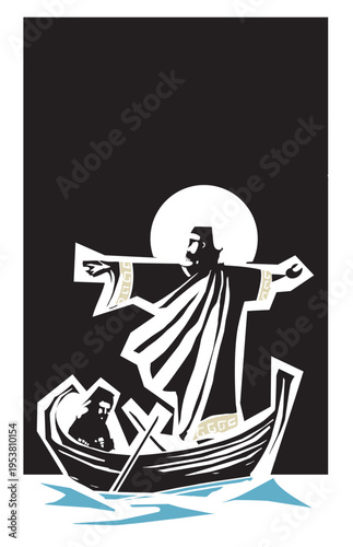 Woodcut Style Christ on the sea of galilee