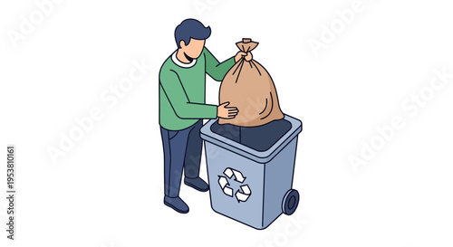 Man putting trash bag into recycling bin.