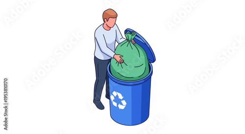 Man putting green bag into recycling bin.