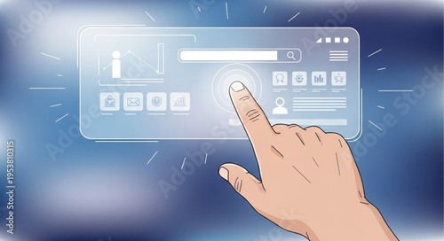 Hand Interacting with Futuristic Transparent Touchscreen Interface.