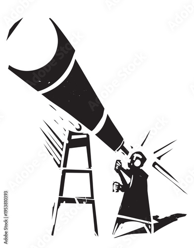 Woodcut image of a man with telescope