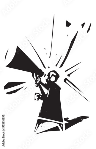 Woodcut man with megaphone yelling