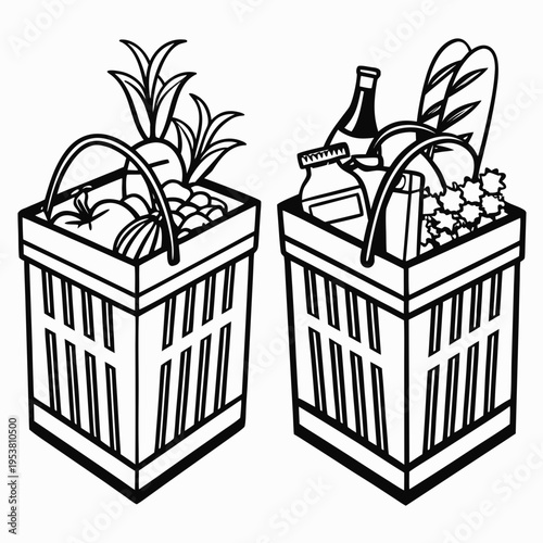 Two black and white shopping baskets filled with groceries such as vegetables and bottles on a white background