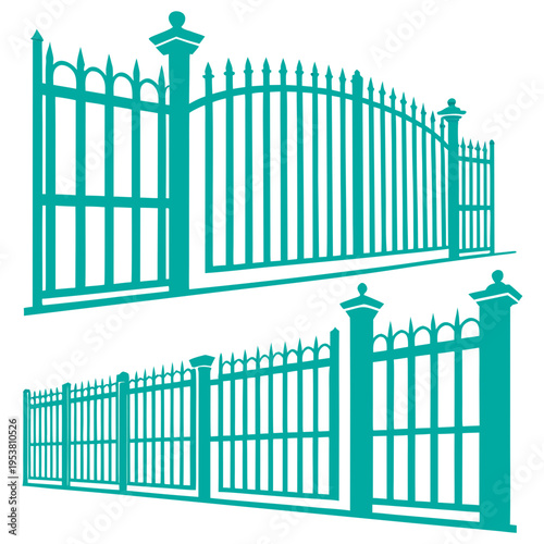 Decorative turquoise metal fence designs with pointed spikes and tall posts for perimeter security and residential property boundary vector graphics