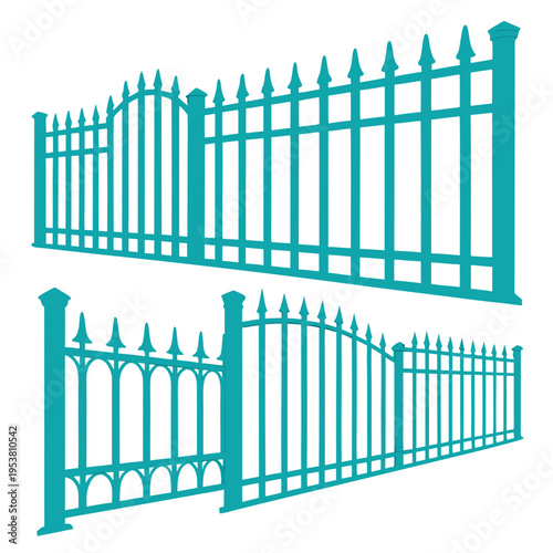 Decorative antique metal forged fence with gate set isolated on white background. beautiful wrought iron fence illustration in flat style