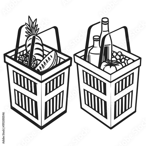 Two black and white shopping baskets filled with groceries such as vegetables and bottles on a white background