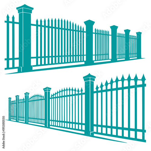 Set of decorative antique metal forged fences with gates and posts, long fence silhouette illustration in flat perspective style