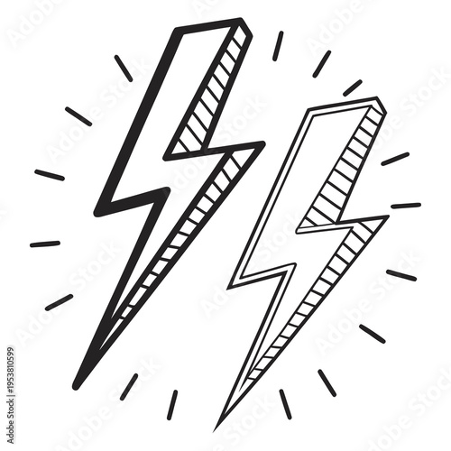 Black and white hand drawn lightning bolt icons with isometric perspective and decorative line work for comic energy and electricity power design