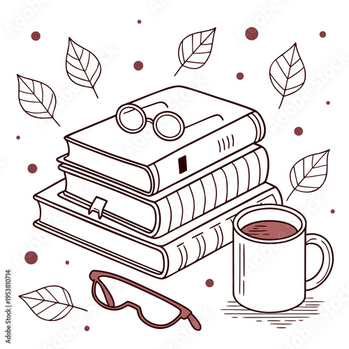Stack of books, eyeglasses, and coffee cup, cozy autumn reading concept, outline vector illustration