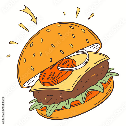 Tasty looking hamburger with layers of cheese, tomato, onion, and greens, with energetic radiating lines showing flavor burst and excitement