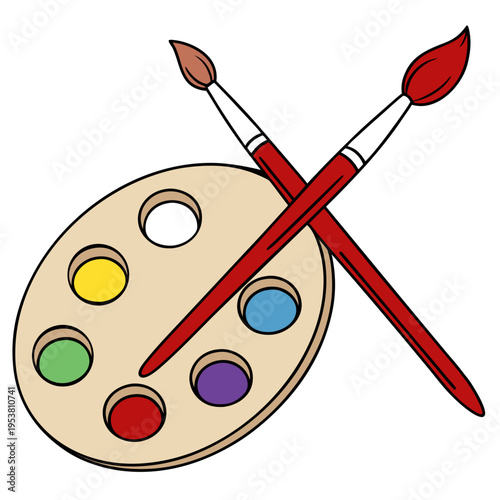 Artist's wooden paint palette with vibrant colors and crossed paintbrushes, ready for creative expression and artistic masterpiece creation