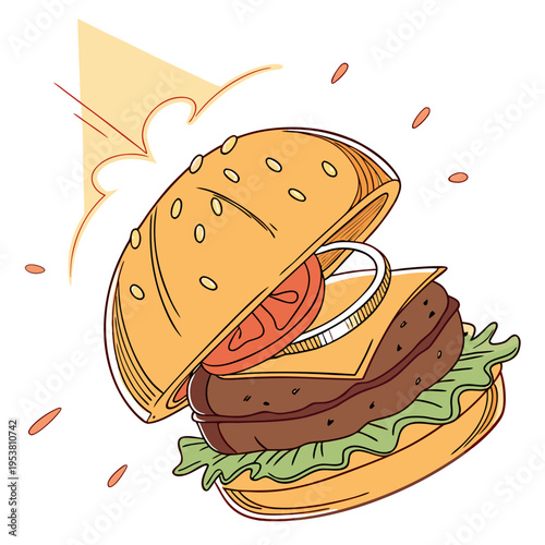 Delicious juicy hamburger with melted cheese, fresh lettuce, tomato, and onion rings, bursting with flavor and presented with radiating energy lines