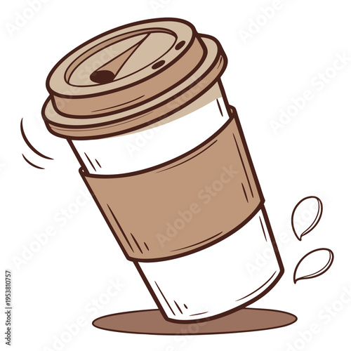 Spilled coffee cup, brown liquid on surface, takeaway container in motion, hot beverage, morning drink, caffeine