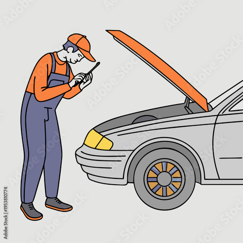 Professional mechanic in orange uniform checking car engine with flashlight under open hood vector illustration for automotive maintenance service