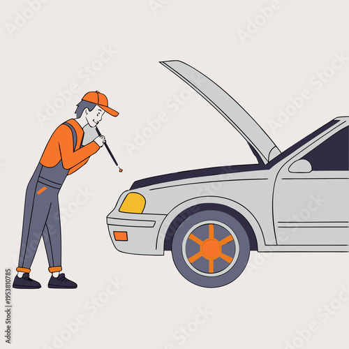 Auto service technician in orange and blue uniform using dipstick to check oil level in silver car with open hood vector illustration for repair