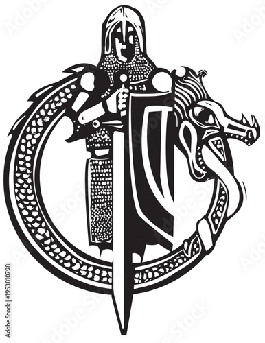 Woodcut style knight in a dragon circle