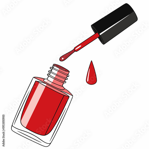 Opened nail polish bottle with a red brush and a dripping drop of red liquid, isolated on a white background, in cartoon style