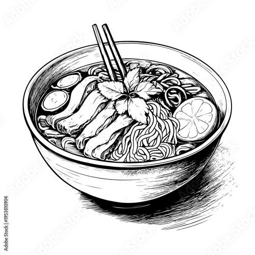 Hand-drawn illustration of a delicious Asian noodle soup with chicken and fresh herbs, showcasing traditional culinary artistry for adobe stock projects and menus