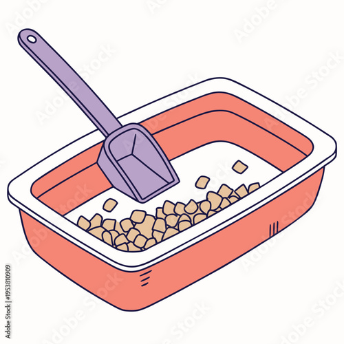 Cat litter box with shovel and scoop used for pet hygiene animal waste disposal and cleaning cartoon vector illustration isolated