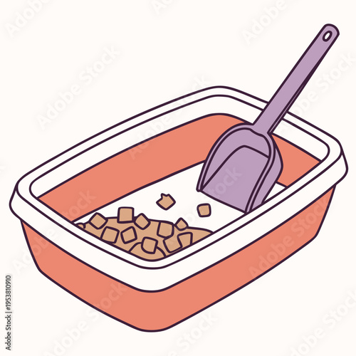 Cat litter box with shovel and scoop used for pet hygiene animal waste disposal and cleaning cartoon vector illustration
