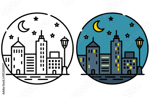 Modern City Night Round Sticker