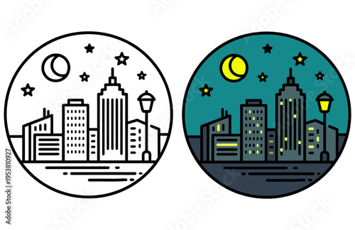 Modern City Night Round Sticker