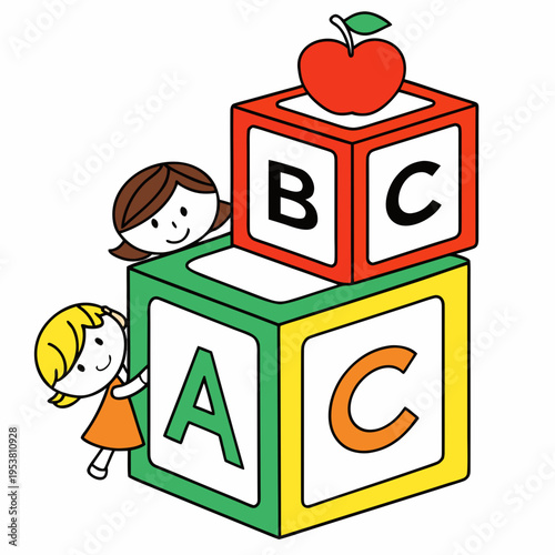 Two children playing with abc alphabet blocks and an apple on top kindergarten education learning concept vector