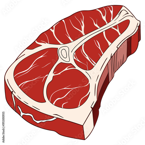 Raw t-bone steak illustration with marbled fat and bone detail on white background for butcher shop marketing barbecue restaurant menus and recipes